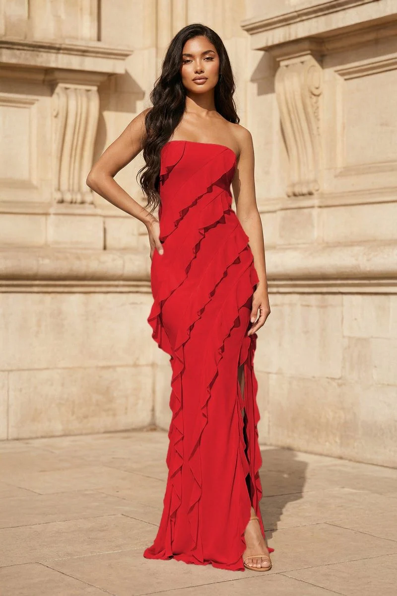 Pink - Sheath Strapless Chiffon Long Prom Dresses With Ruffles