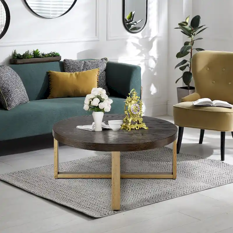 36 inch Rustic Round Wood Coffee Table Hammered Cross Legs Gold Finish Metal for Living Room - D36