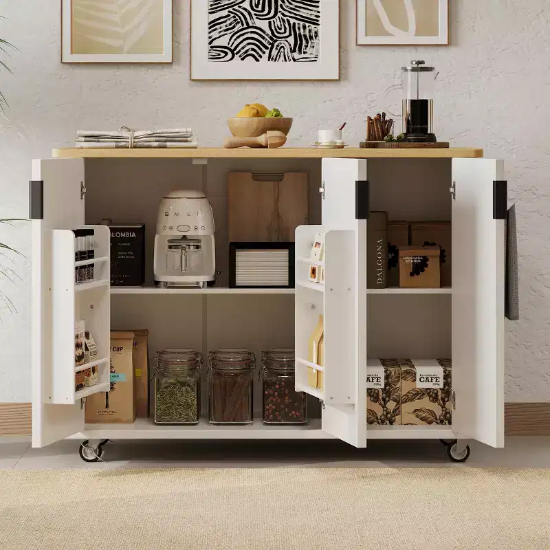 JVNOXK 51-inch Recessed Farmhouse-Style Kitchen Island with Folding Table Top Towel Rack and Rolling Cart, Suitable for Kitchens, White Ash Wood