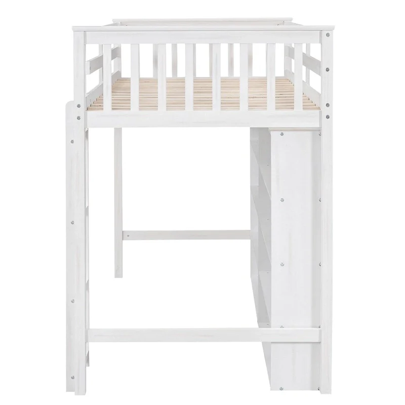 White / Gray Twin Loft Bed with 8 Storage Shelves & Ladder, Sleeps 1