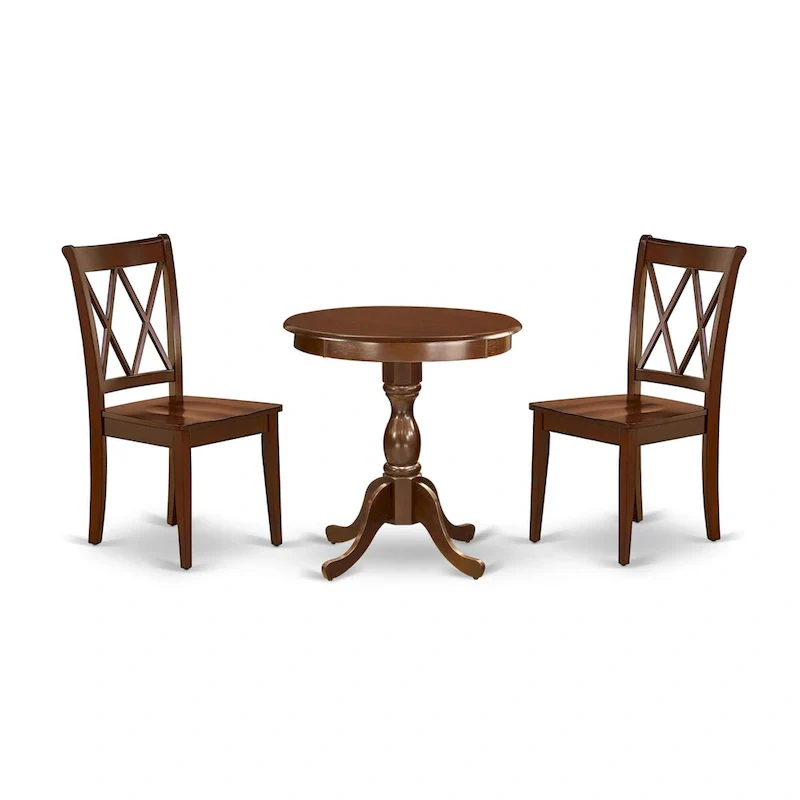 East West Furniture 3 Piece Dining Table Set- a Round Kitchen Table with Pedestal and 2 Dining Chairs, Mahogany(Seat Options)