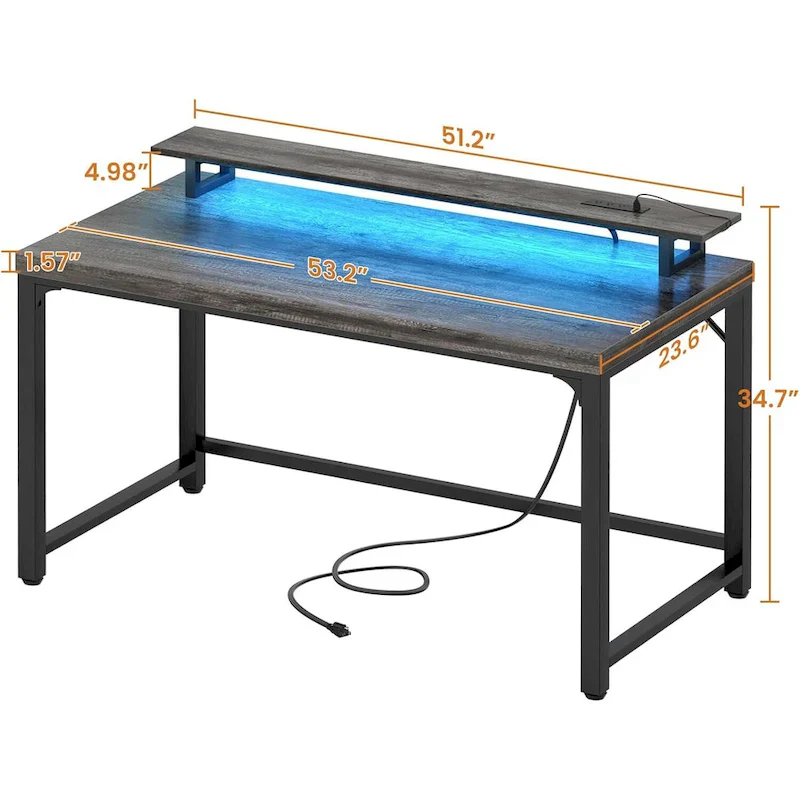 55 Inch Computer Desk with Socket and LED Light,Home Office Desk with 1.5 inch Thickened desktop,Writing Study Gaming Table