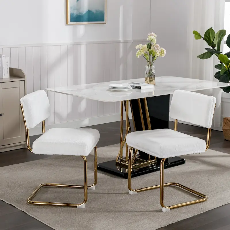 Modern Dining Chairs with Gold Metal Base, Accent Armless Kitchen Chairs with Channel Tufting,Set of 2