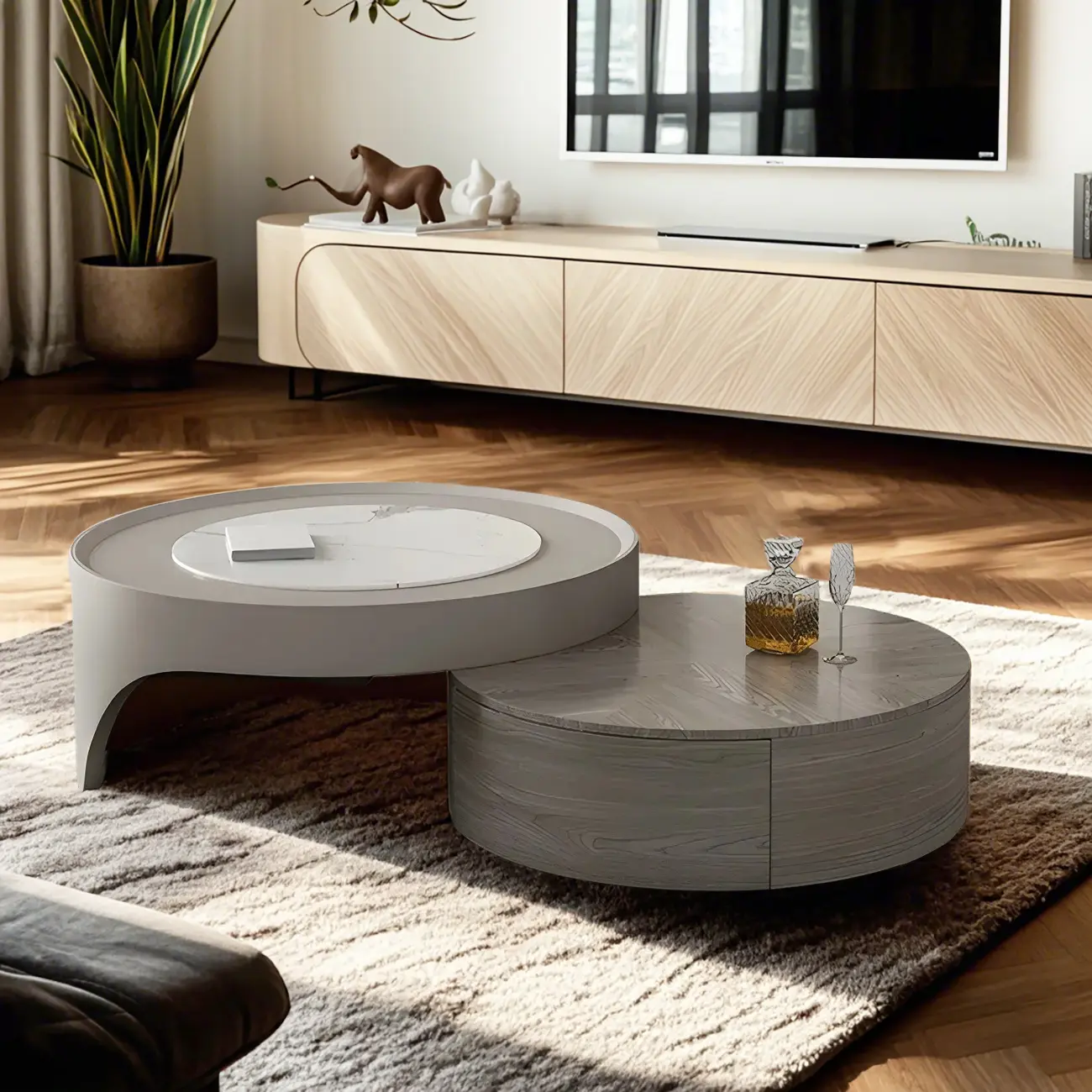 Grey Round Modern Wood Drawer Coffee Table