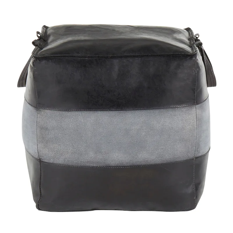 Industrial Pouf Ottoman in Leather and Canvas