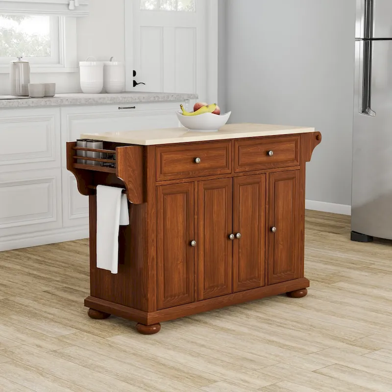 Alexandria Wood Top Full Size Kitchen Island/Cart in Classic Cherry Finish - 18d x 51.5w x 34h