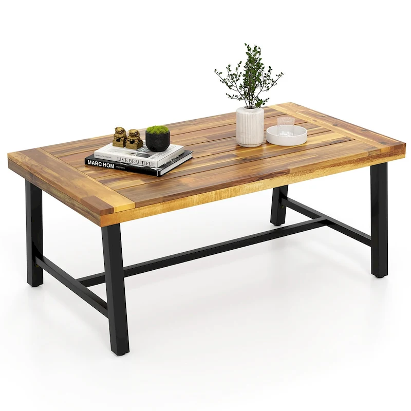 Gymax Acacia Wood Coffee Table Indoor Outdoor Rectangle Center Table