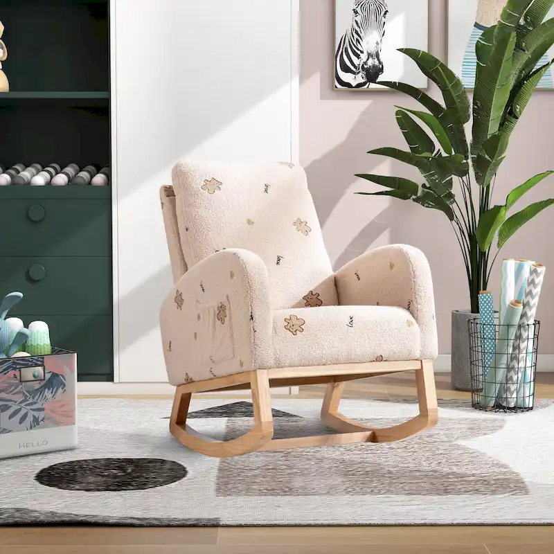 Modern Upholstered Rocker Armchair With Side Pocket, High Back Wooden Nursery Chair