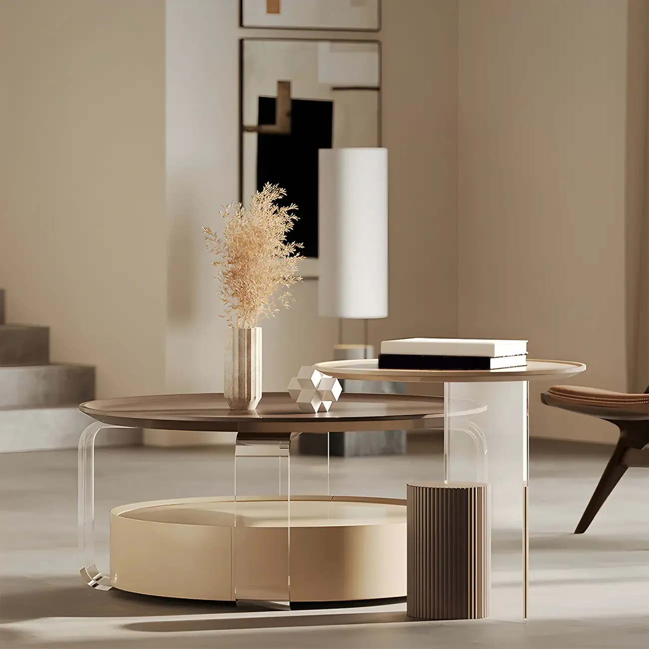 Brown Beige Elegant Round Wood Coffee Table with Storage