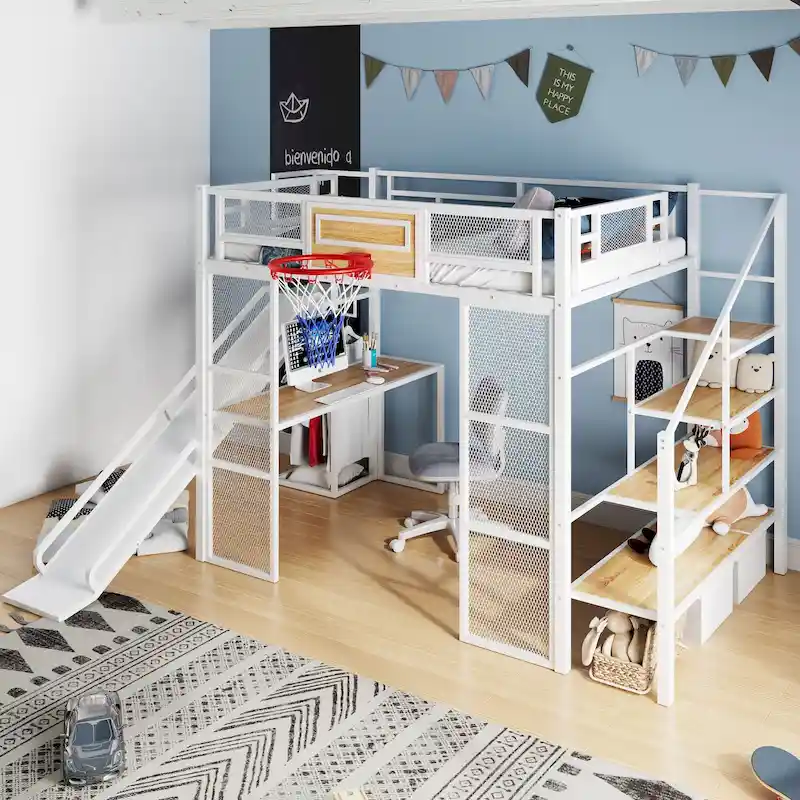 White Full-Size Metal Loft Bed with Slide, Desk & Wardrobe (1-Person)