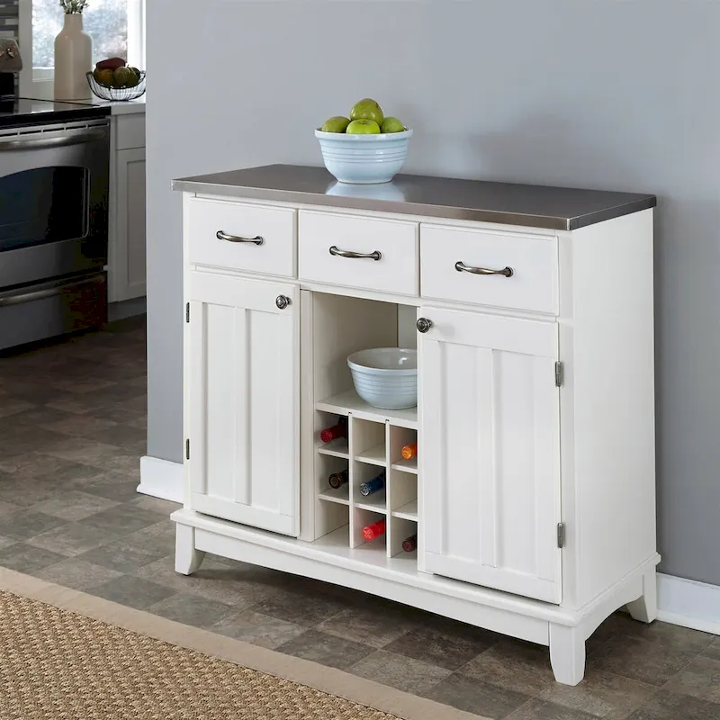 Stainless Steel Top Kitchen Island Sideboard Cabinet Wine Rack in White - 41.75W x 17D x 36.25H