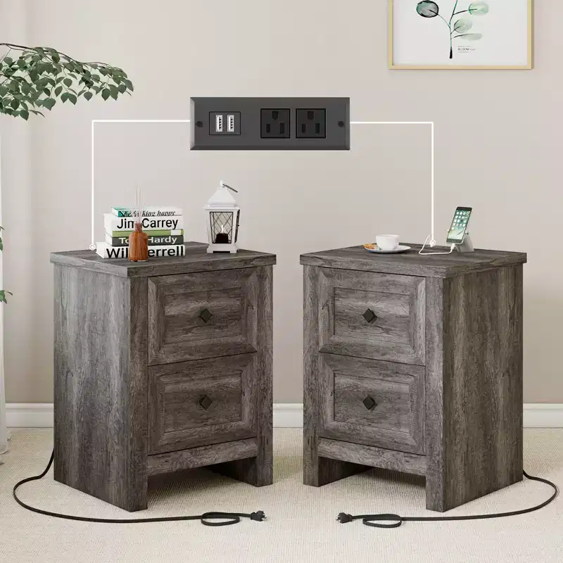 AMERLIFE Nightstand Set of 2 with Charging Station