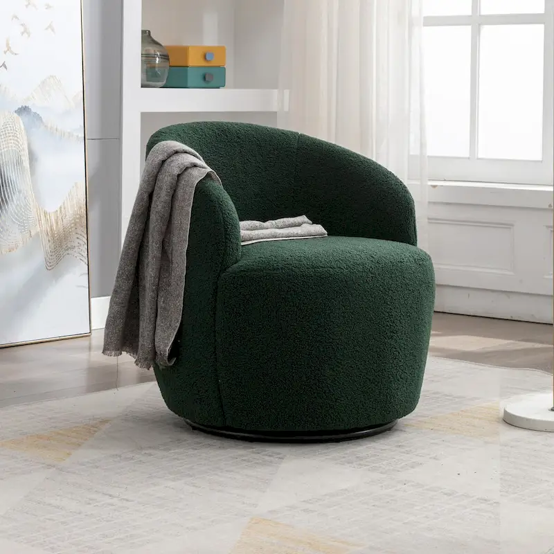 Swivel Accent Armchair Teddy Fabric Upholstered Barrel Chair with Black Point Round Swivel Metal Base