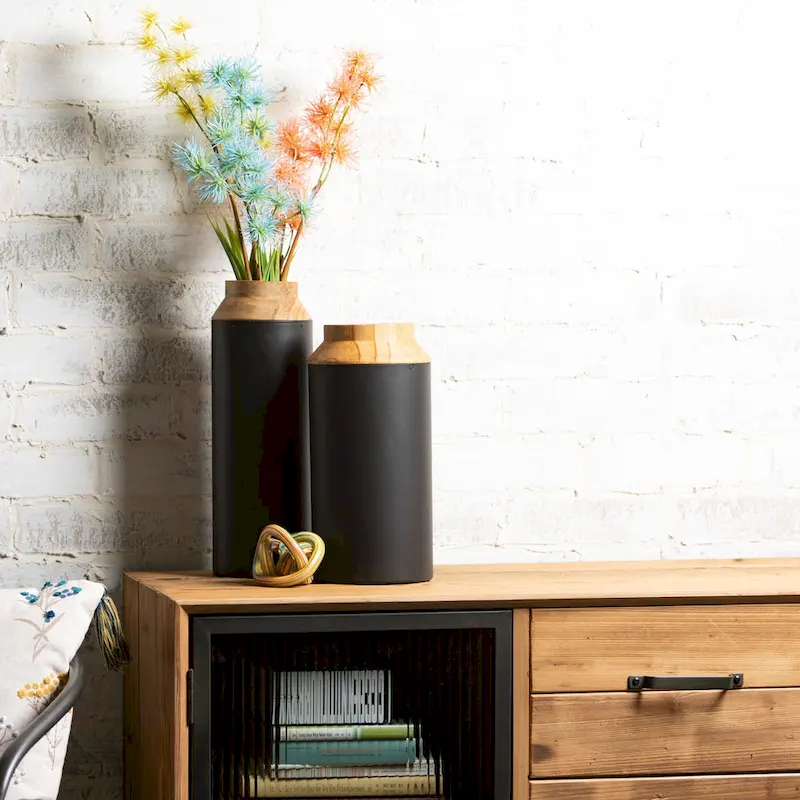 Sullivans Wood Vase With Black Wrap Set of 2, 14 H & 12 H Black - 5.5 L x 5.5 W x 14 H, 6.5 L x 6.5 W x 12 H