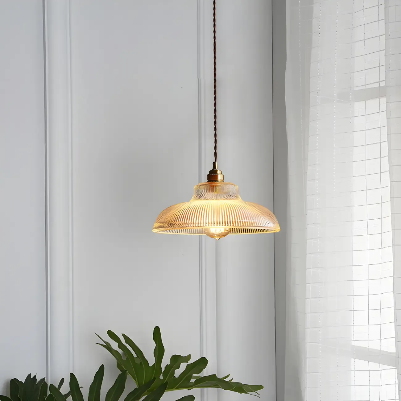 Industrial Adjustable Ribbed Glass Brass Bowl Pendant Light