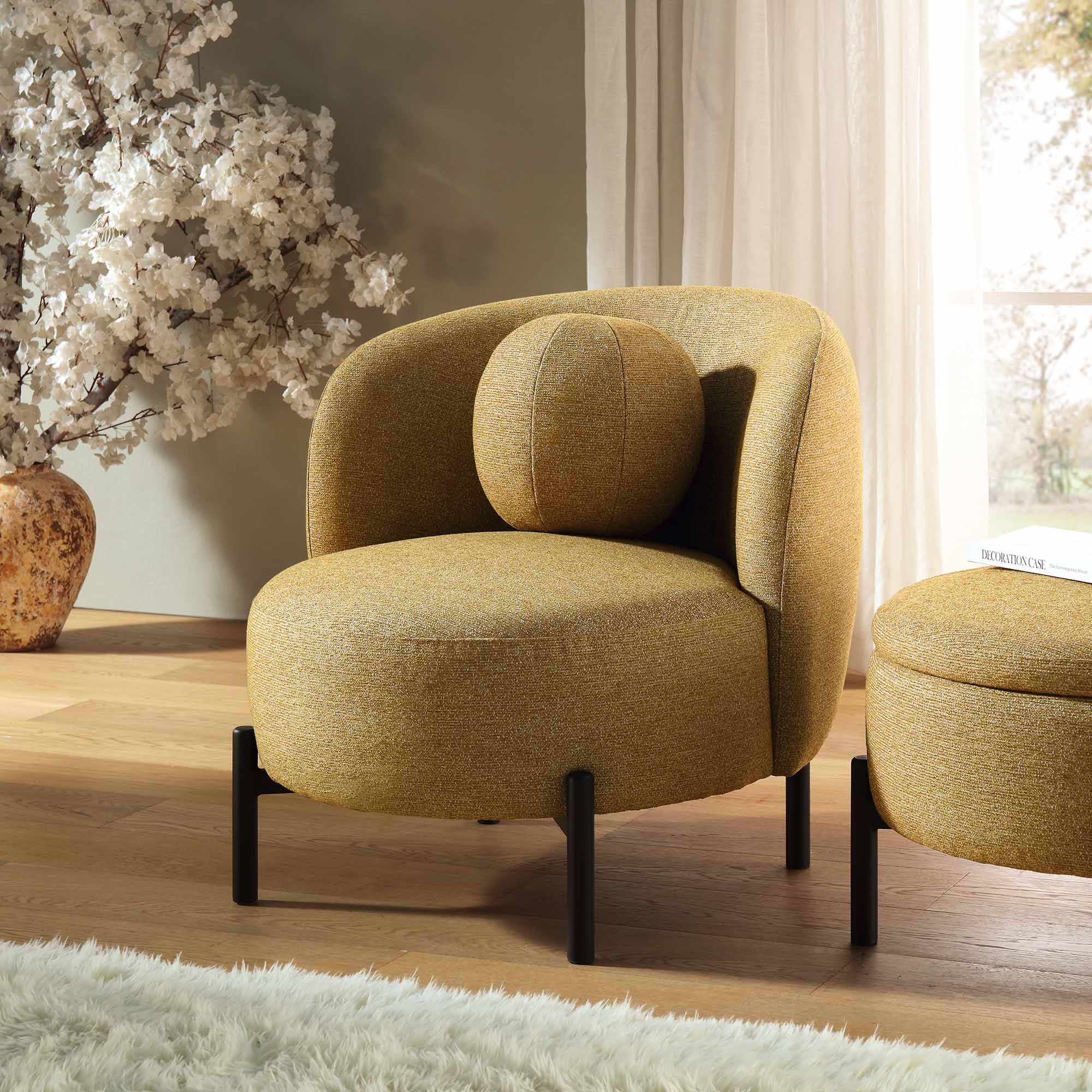 Armchair with Ball Cushion, Marigold Textured Fabric