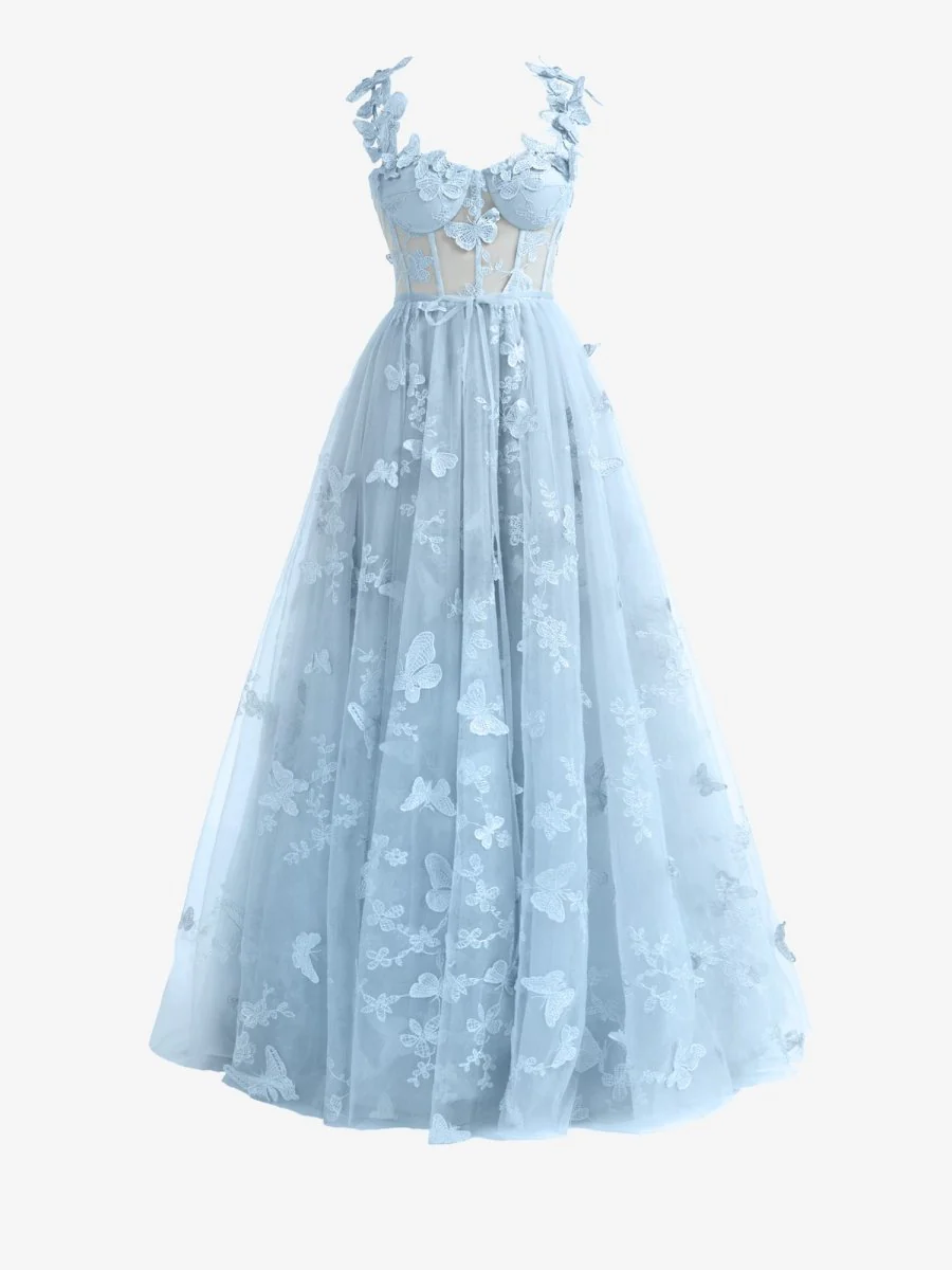Sky Blue A-line Butterfly Lace Lilac Corset Prom Dress with Slit
