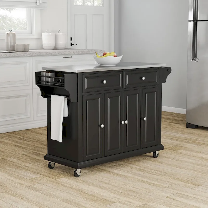 Full Size Black Finish Stainless Steel Top Kitchen Cart/ Island - 18d x 51.5w x 36h