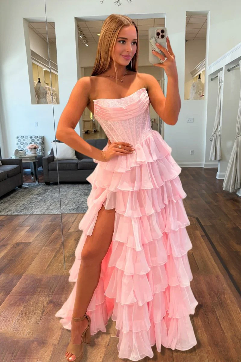 Pink - A Line Strapless Chiffon Beaded Corset Long Prom Dress With Slit