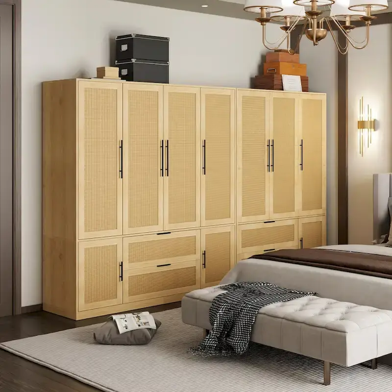 110W Rattan Style Family Wardrobe Armoire Closet Storage Set - N/A