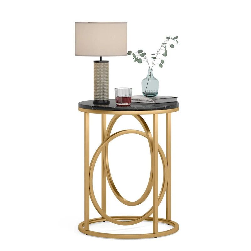 20 in. Marble White Round Wood End Table with Gold O-shaped Base