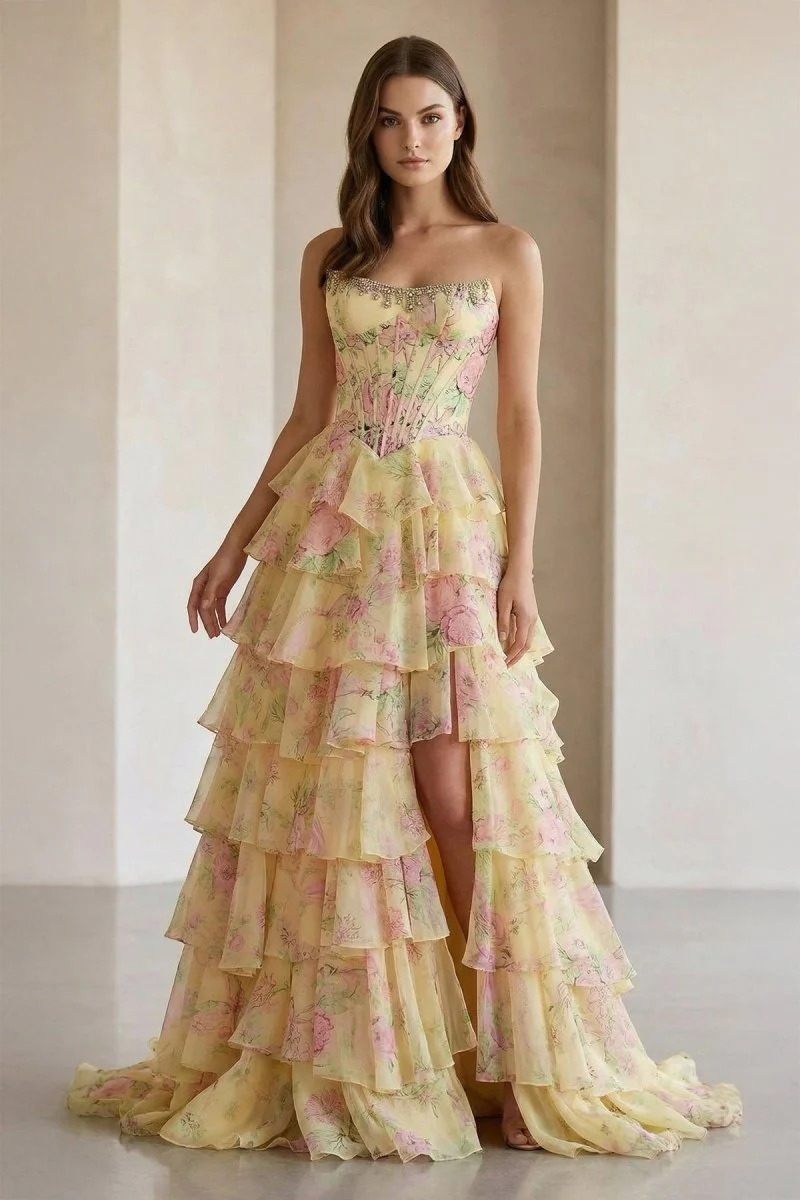 Yellow - Scoop Neck A Line Floral Chiffon Ruffled Prom Dresses With Beading