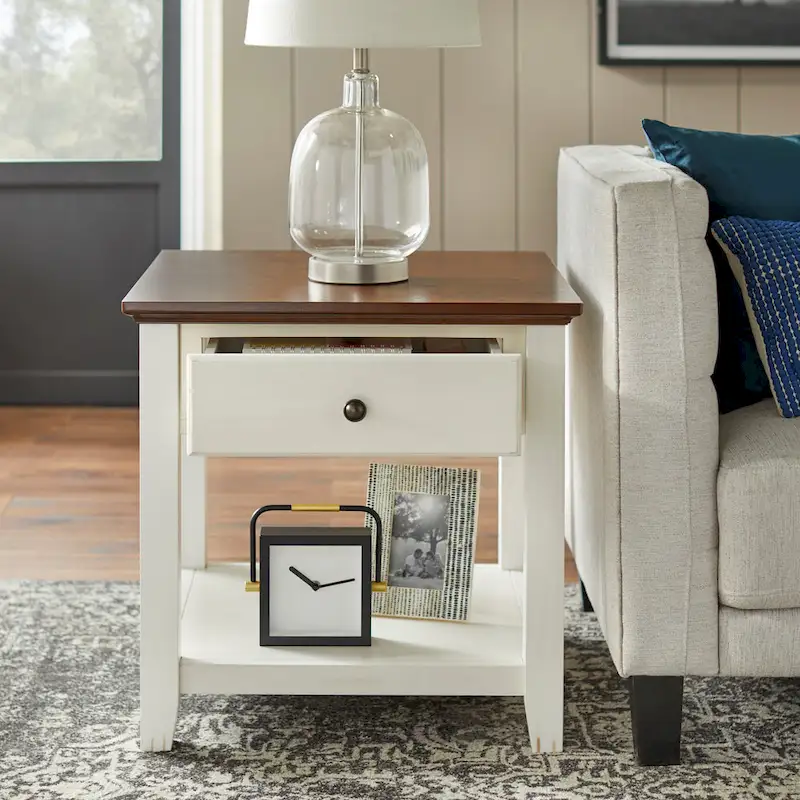 Off-White and Chestnut End Table with Drawer and Shelf