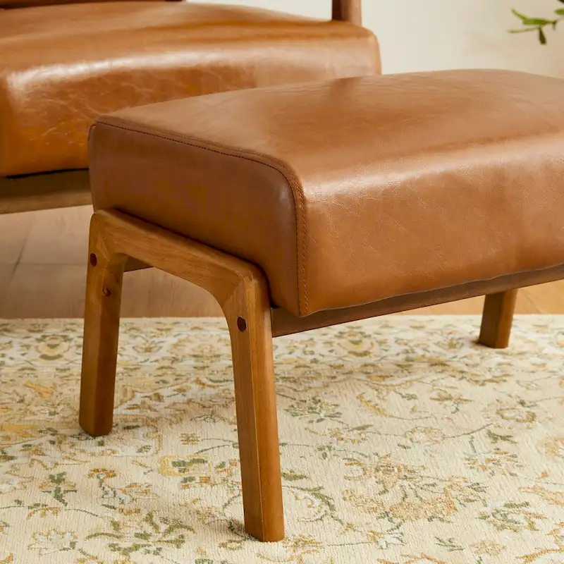 Brown Mid-Century Faux Leather Ottoman Accent Stool, Set of 2
