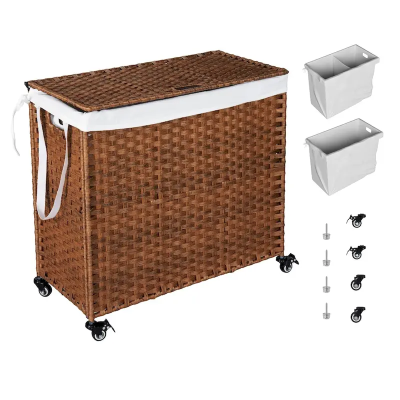 Laundry Hamper With Lid PE Rattan Powder Coating Frame Clothes Hampers with 02 Removable Bags, Wheels, 160L, Grey Color