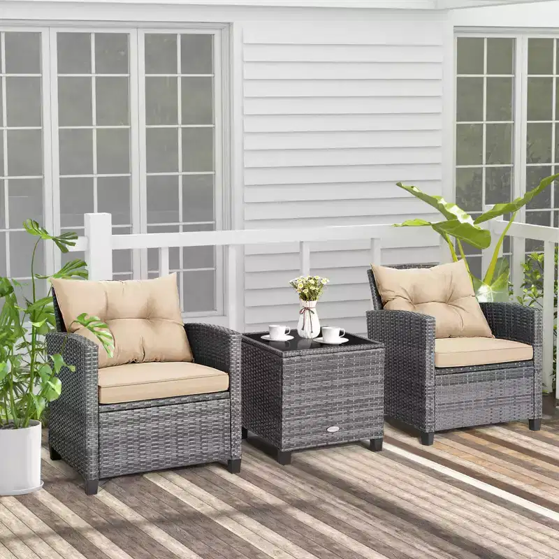 Costway 3PCS Patio Rattan Furniture Bistro Set Cushioned Sofas Side Table Armrest Red/Grey/Navy/Turquoise/Black