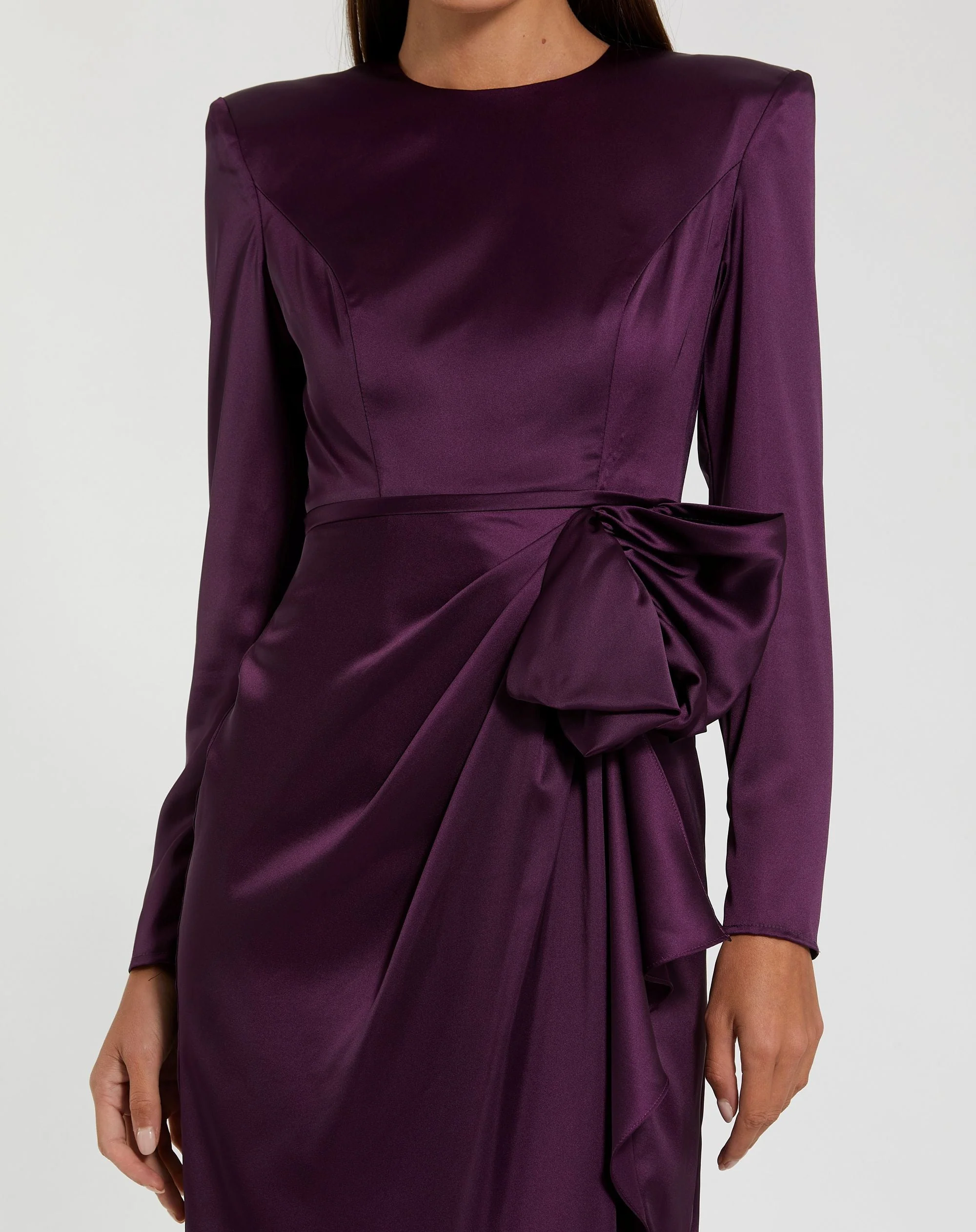 Purple Long Sleeve Structured Bow Draped Column Gown