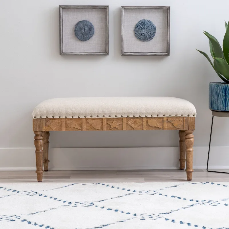 Seashell Upholstered Entryway Bench – Mango Wood, 400 lb Capacity