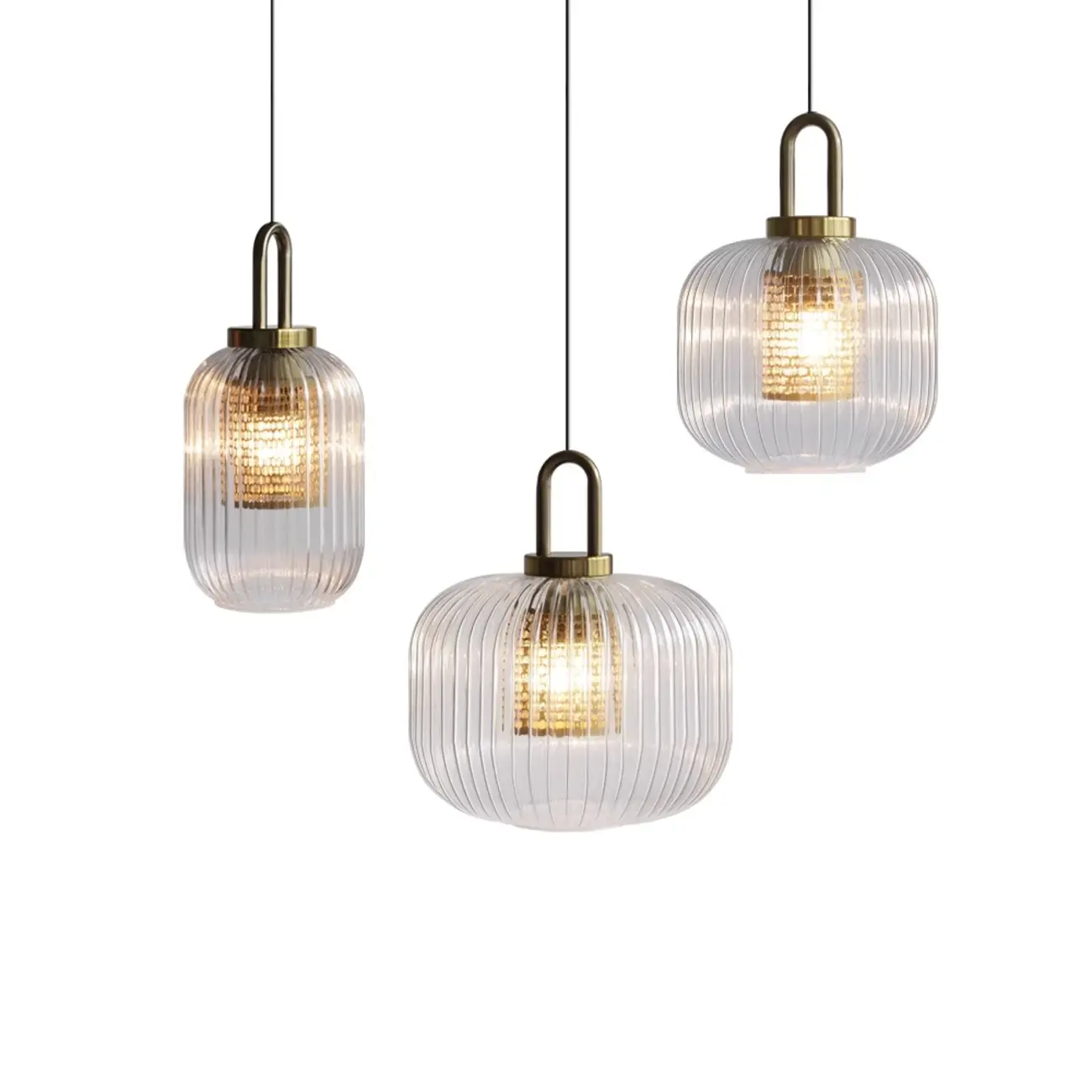Gold Metal Ribbed Clear Glass Kitchen Pendant Light