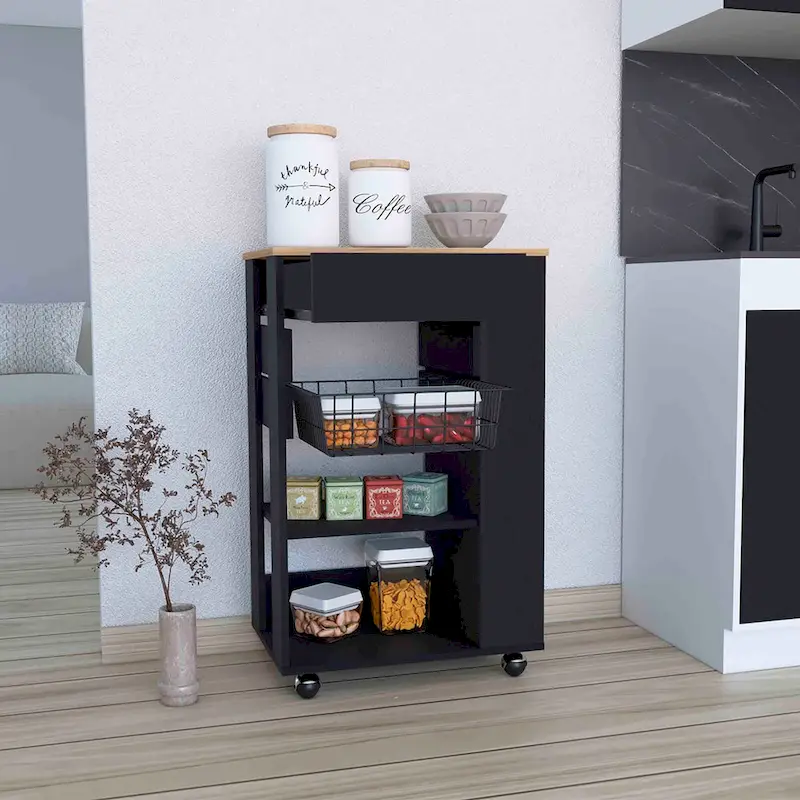 Kitchen Cart, One Drawer, Two Open Shelves, Four Casters -White / Light Oak