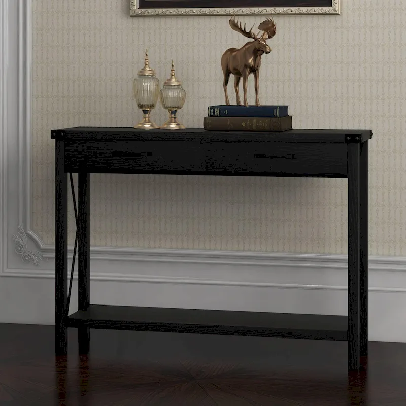 Narrow Console Table with 2 Drawers - Distressed Black