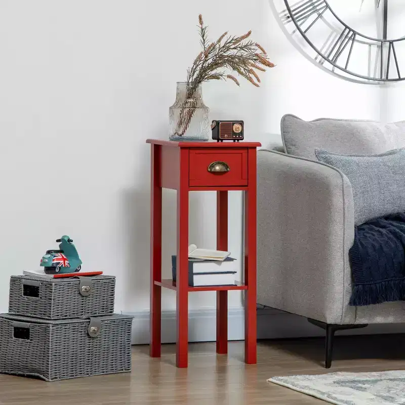Okak Vintage 2-Tier Side Table with Drawer and Metal Handle, Narrow End Table with Bottom Shelf, Accent Table for Sofa Side, Living Room
