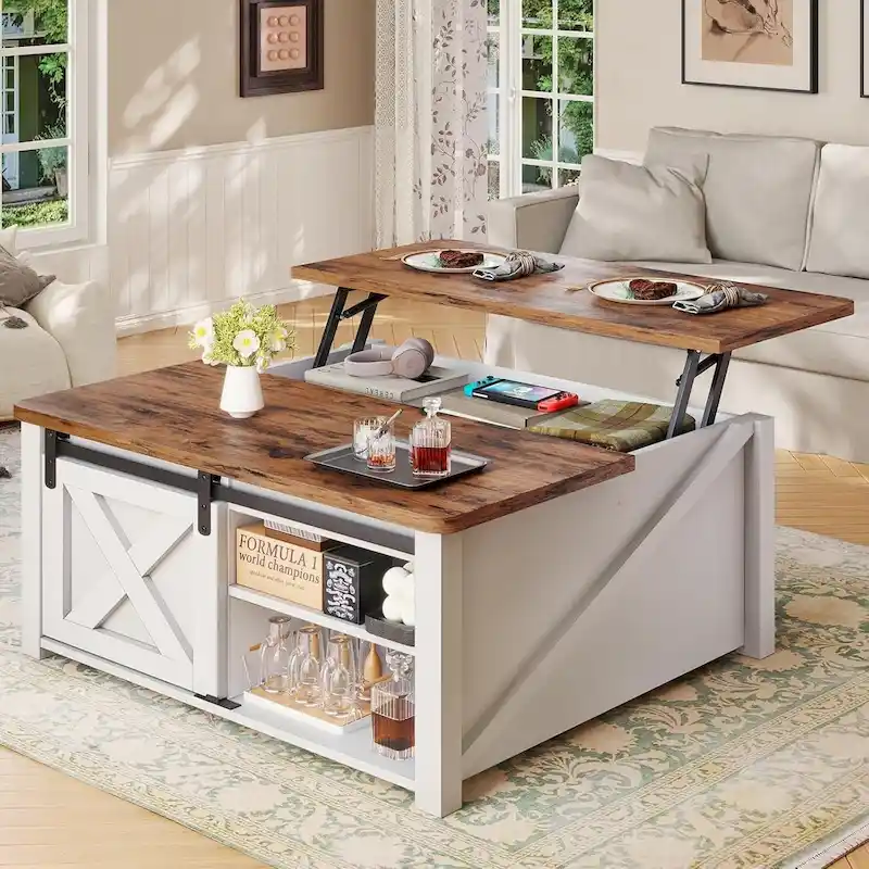 Lift Top Square Coffee Table with Barn Door Storage Shelf