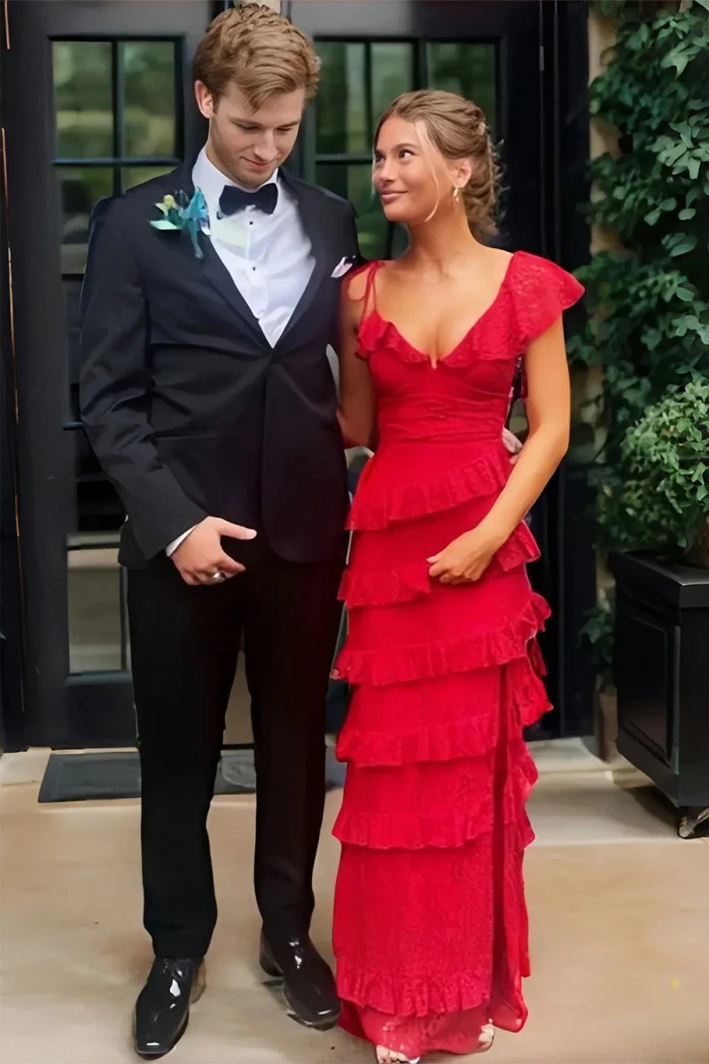 Red Sheath V Neck Lace Long Prom Dresses With Ruffles