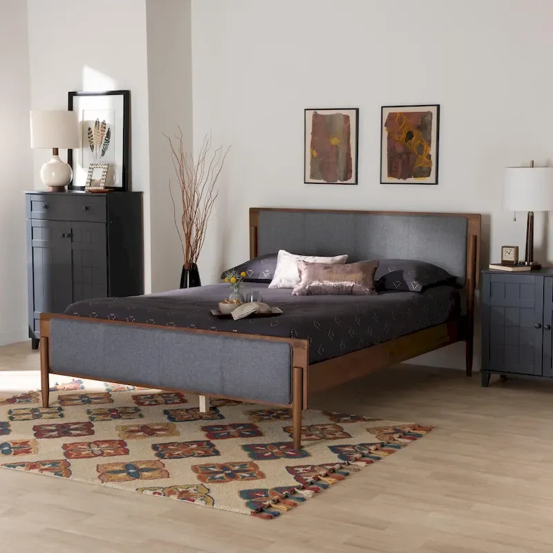 Mid-Century Modern Grey Fabric and Ash Walnut Finished Wood Platform Bed