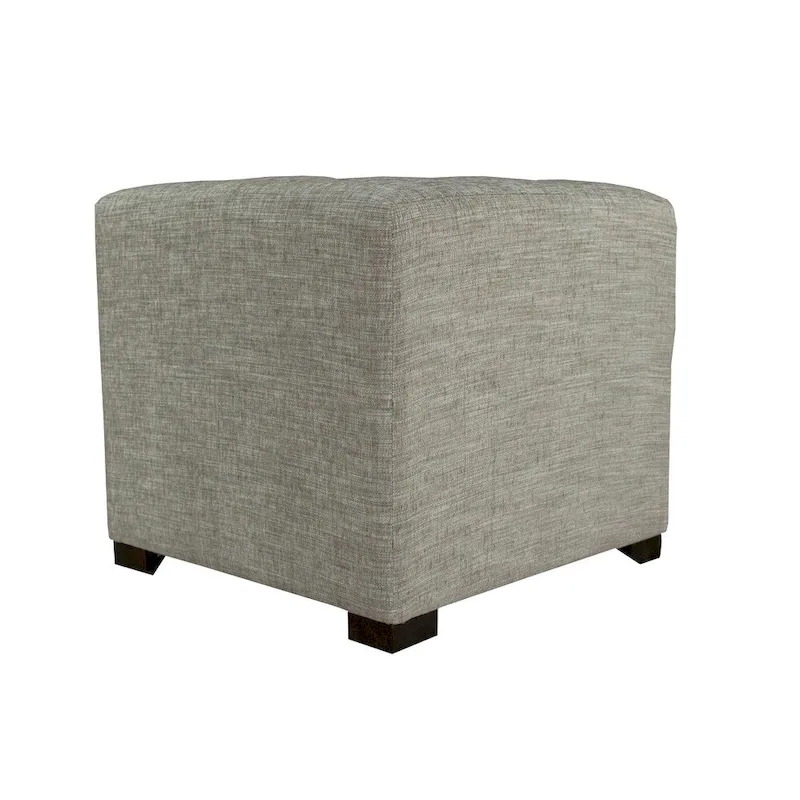 Square Button-Tufted Cotton Ottoman – Espresso / Grey / Aqua, Wood Legs, Single
