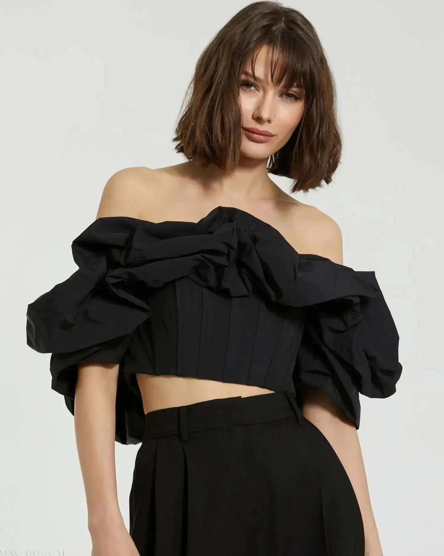 Black Faille Off The Shoulder Bustier Ruffle Top - FINAL SALE