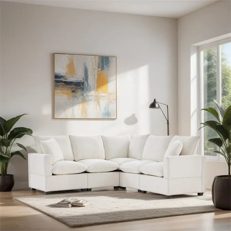Modern L Shape Modular Sofa,Chenille Sectional Couch Set w/2 Pillows