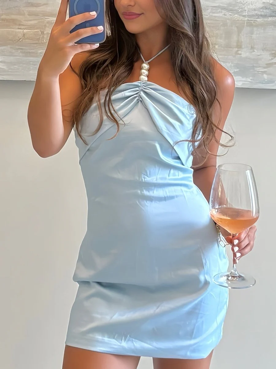 Blue - Halter Sheath Satin Short Homecoming Dresses With Pearls