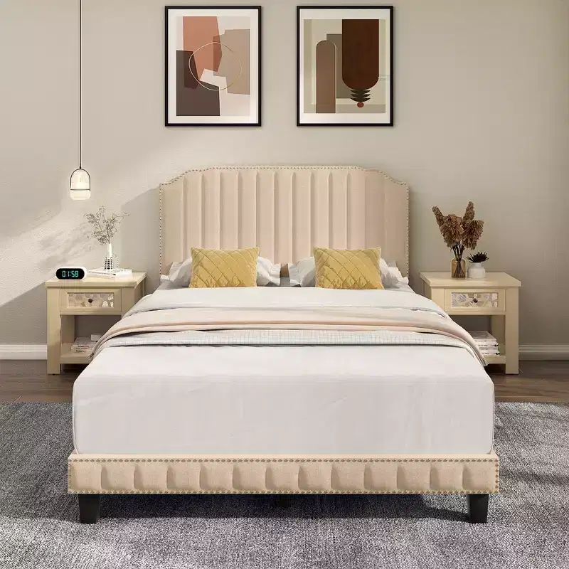 Costway Twin/Full/Queen Upholstered Bed Frame with linen fabric vertical lines Rivets headboard