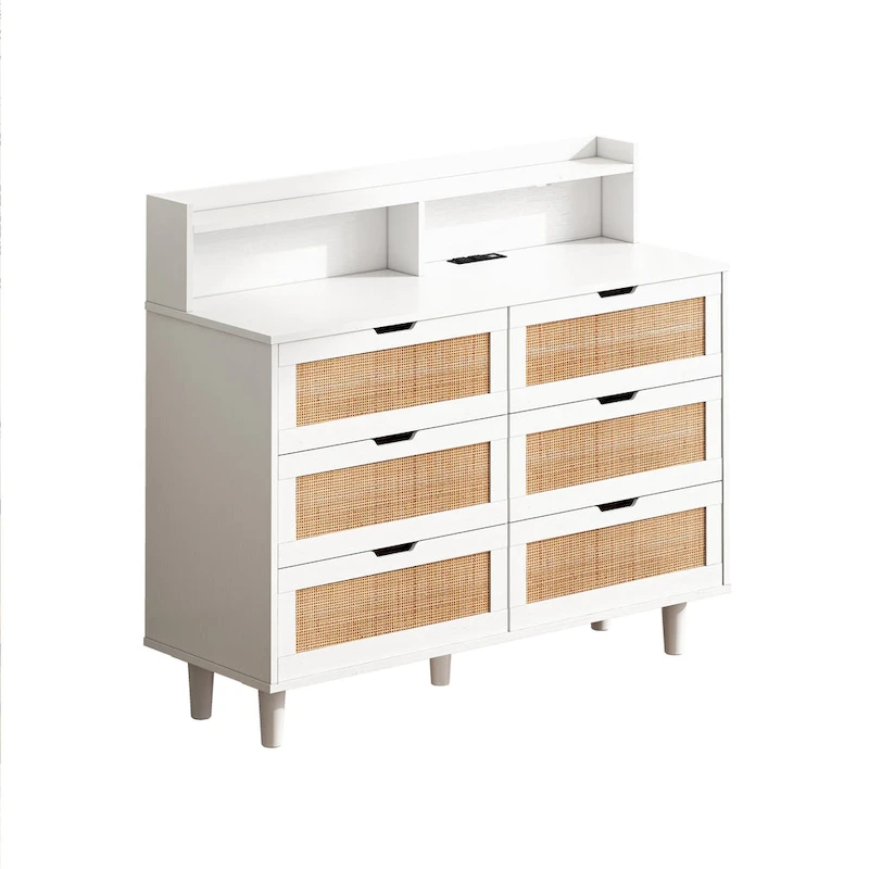 6-Drawers Rattan Accent Cabinet with LED Lights and Power Outlet, White