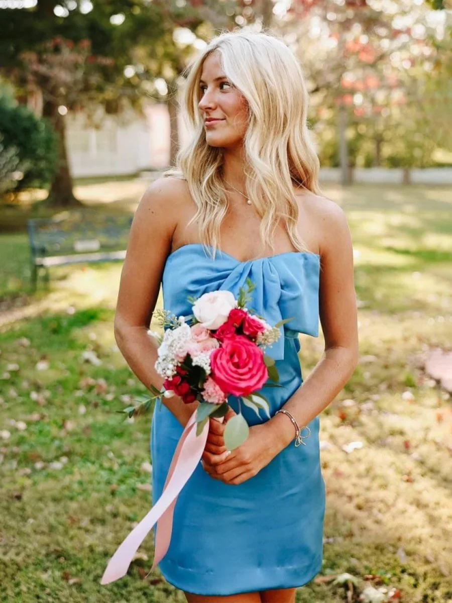 Blue - Sheath Strapless Short Homecoming Dresses With Bow