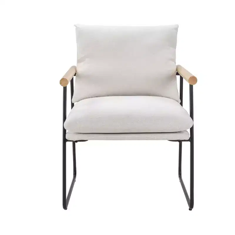 Okak Modern Accent Chair with Wood Armrests, Reading Chair with Removable Cushion, Cozy Chair for Living Room, Bedroom, Office, Milk White