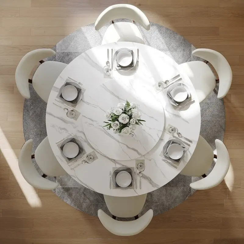 Modern Round Dining Table – White Sintered Stone Top & Bronze Carbon Pedestal