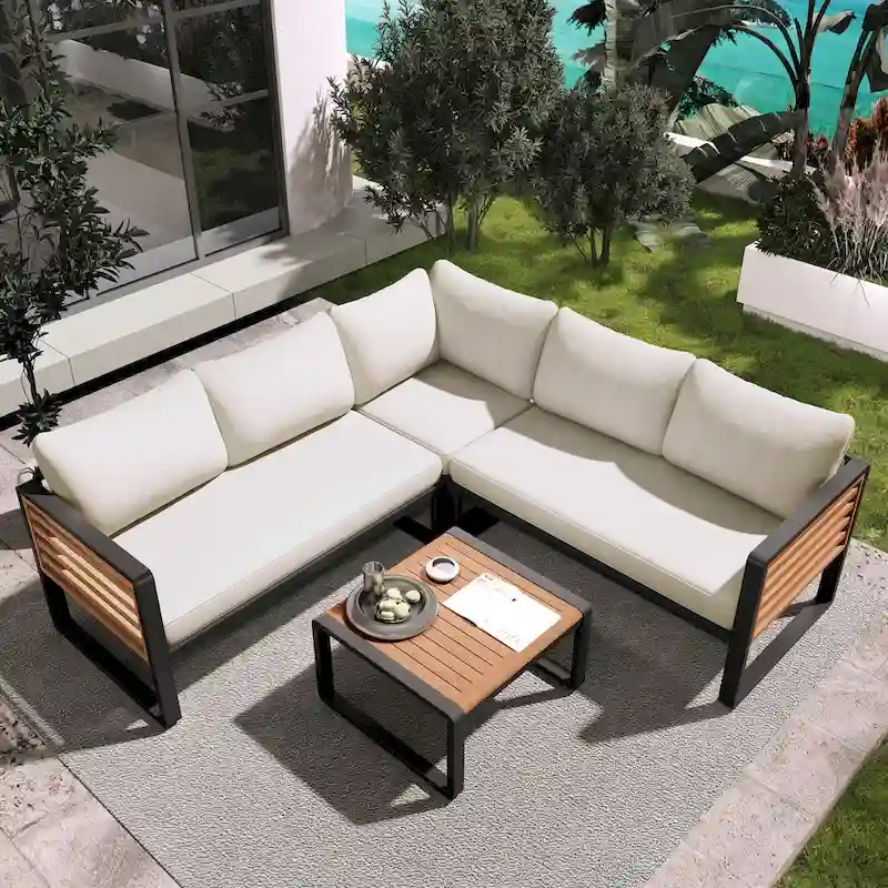 4-Piece Iron L-Shaped Sectional Sofa Set with Cushions & Table