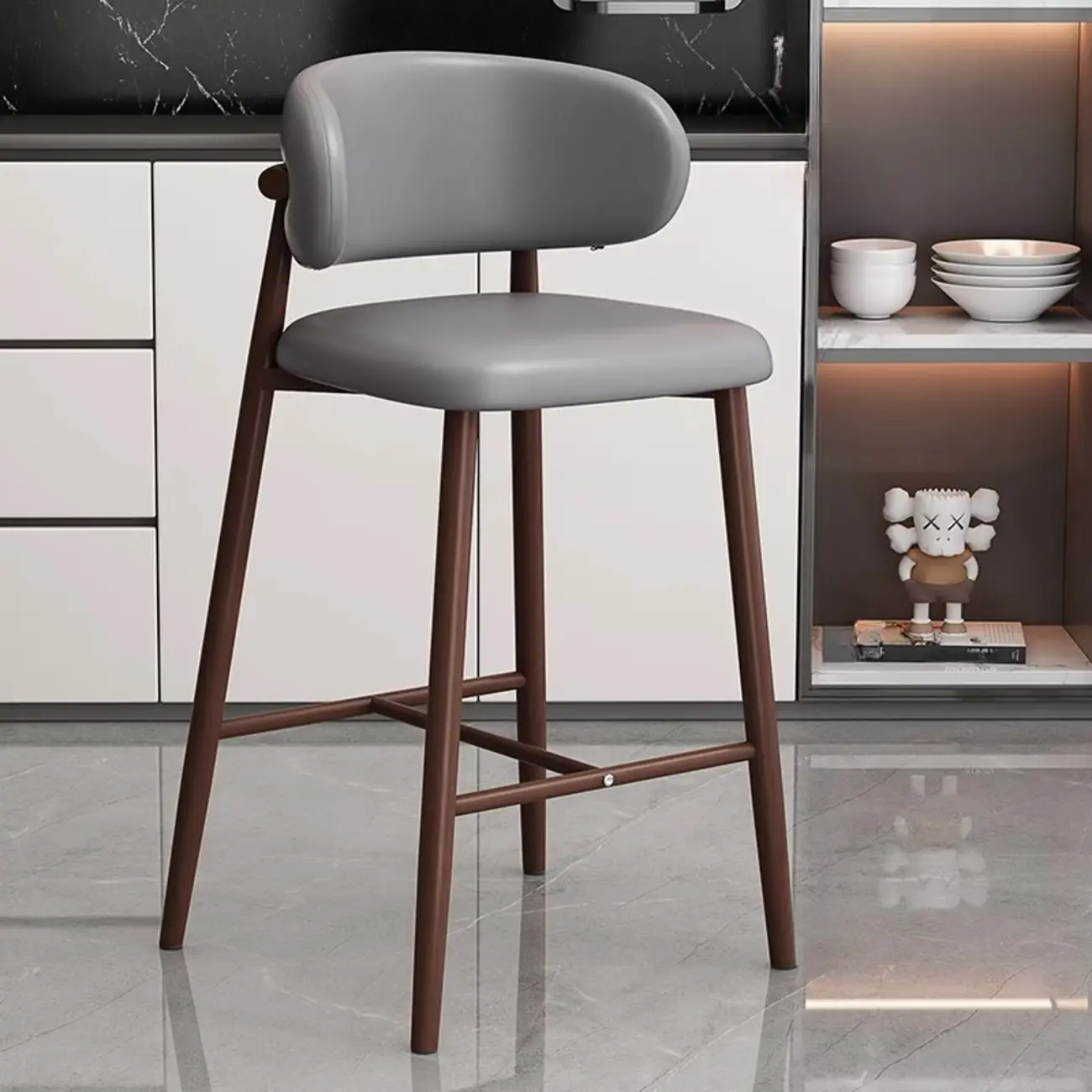 Modern Off-White Leather Curved Back Counter Bar Stools